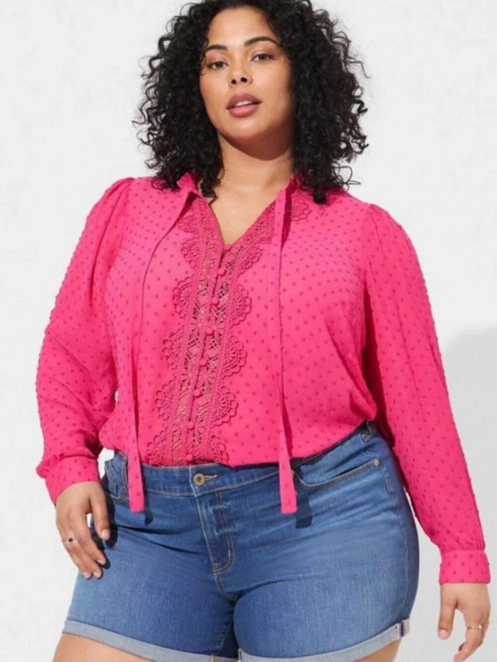 Torrid 1 Chiffon Swiss Dot Blouse Ruffle Neck Tie Front Top Pink 1X Crochet Lace